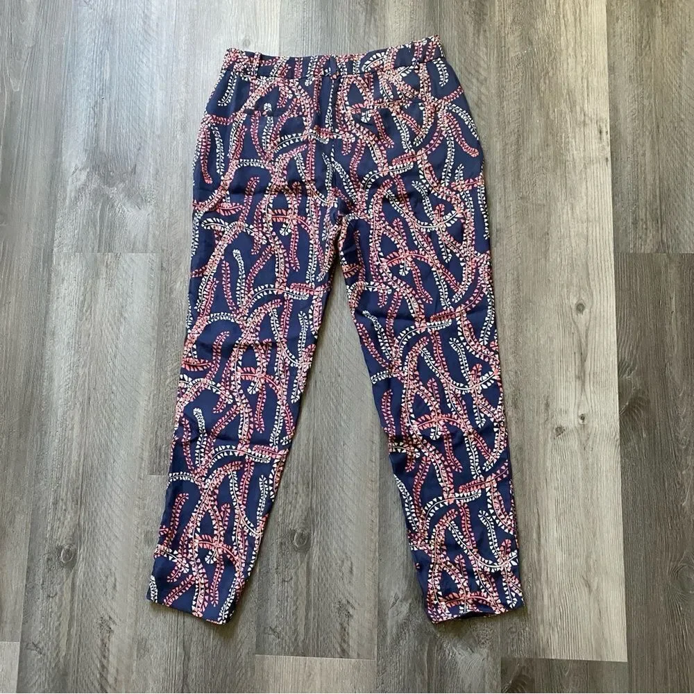 J. Crew Silk Pants Navy Coral Print Sophisticated Size 0